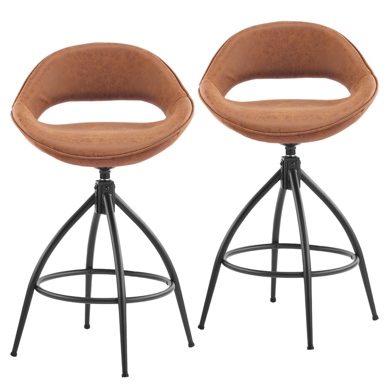 2pcs hollow backrest PU spray-coated bent iron feet bar stool brown with swivel