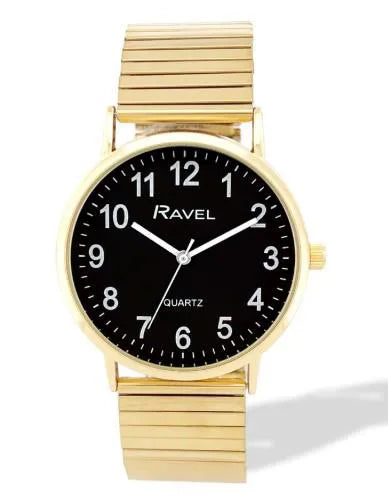 Ravel Mens Basic Everyday Black Dial Golden Stainless Steel Expander Bracelet Watch