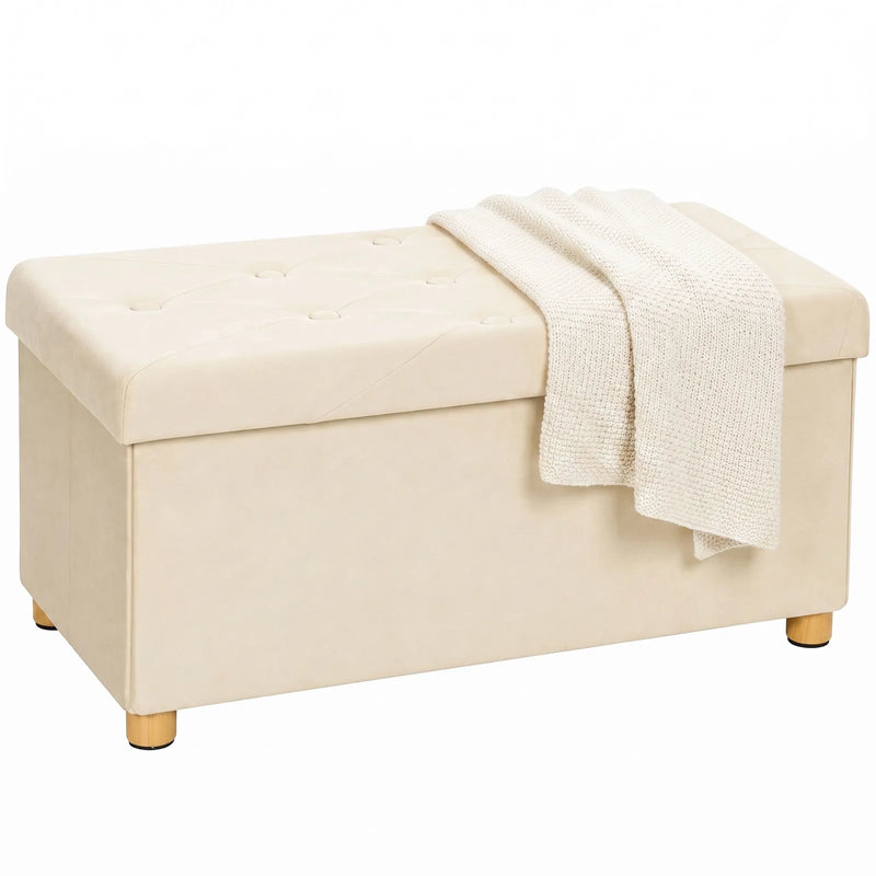 HOMCOM Velvet Upholstered Foldable Ottoman Footrest, Storage Ottoman Bench with Wood Legs for Living Room, Cream White