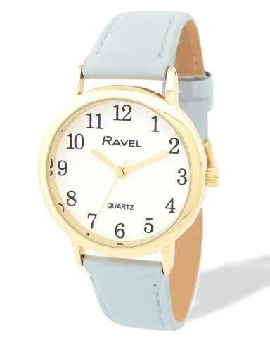 Ravel Ladies Basic Medium Gilt Case White Dial Light Blue Leather Strap Watch
