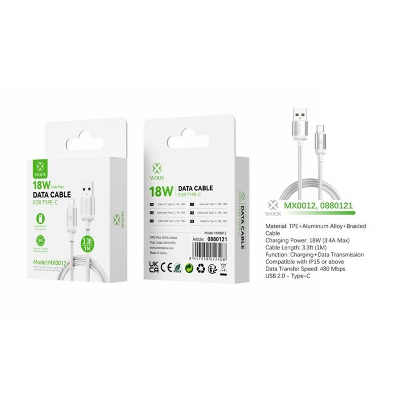 Woox MX0012 USB to Type C Braided Data Cable, 18W, 1m, White