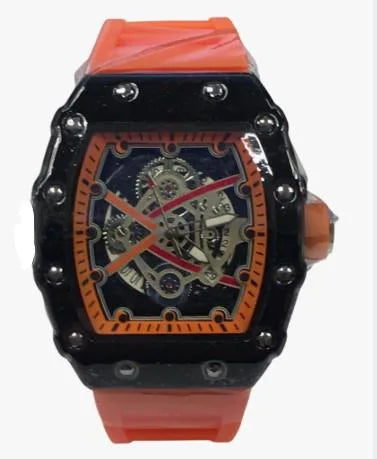 New Rubber Gents Black Screw Fashion Quartz Movement Dated Skeleton Clear Dial Orange Rubber Strap Watch