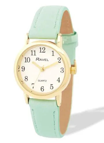 Ravel Ladies Basic Small Gilt Case White Dial Green Leather Strap Watch