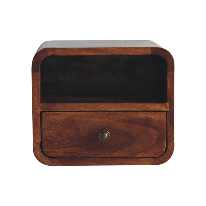 Artisan Furniture Solid Wood Extra Mini Wall Mounted Curved Chestnut Bedside with Open Slot