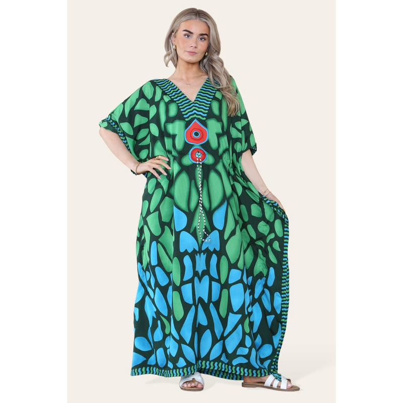 Long Dress with V-neck and Bold Abstract Print