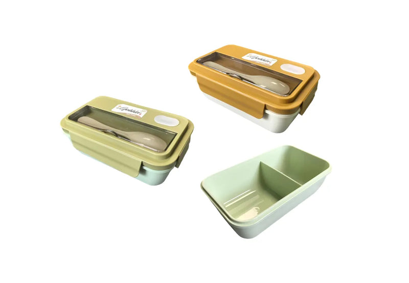 Plastic 2 Compartment Lunch Bo x With Spoon Assorted Colours