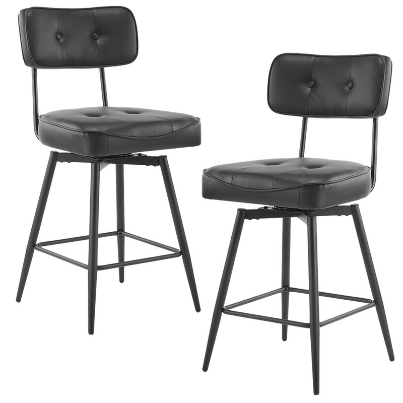 2 Pcs Black PU Swivel Bar Stools with Button-Tufted Backrest and Metal Legs