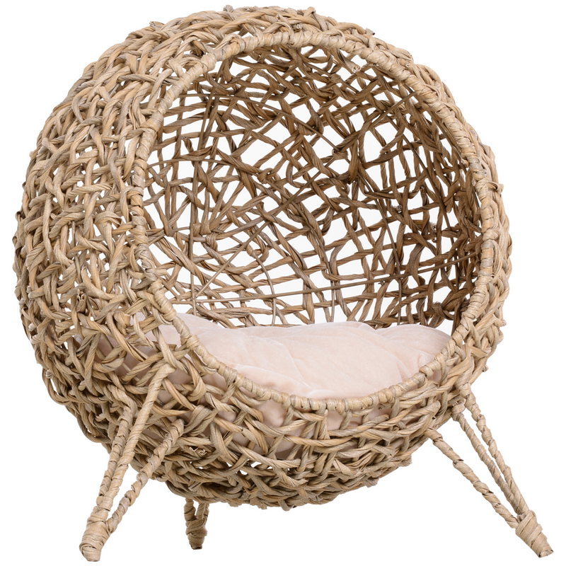 Rattan Elevated Cat House Kitten Bed Pet Furniture w/ Cushion Natural