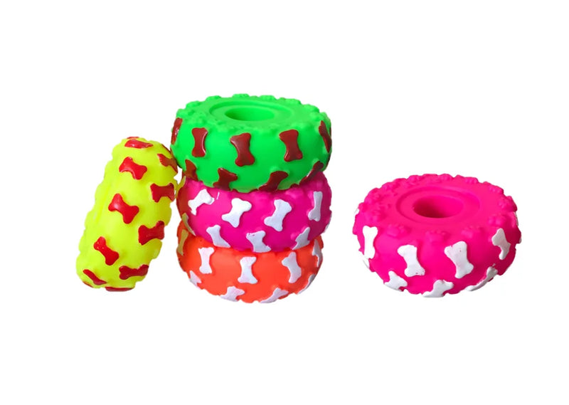 Pet Dog Toy Squeaky Wheel Tyre With Bone Print Assorted Colours