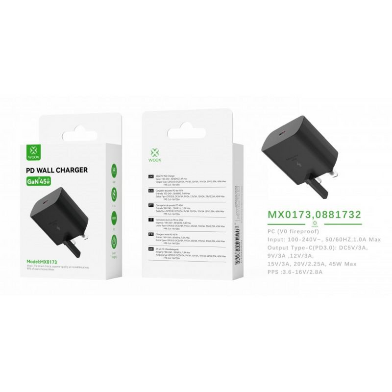 Woox MX0173 UK Folding Pin Type-C 45W PD Wall Charger, Black