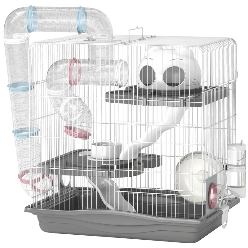 PawHut 3-Tier Hamster Cage with Exercise Wheels, Water Bottle, Food Dish, for Dwarf Hamsters, 45 x 30 x 45 cm, Grey