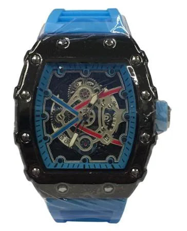 New Rubber Gents Black Screw Fashion Quartz Movement Dated Skeleton Clear Dial Blue Rubber Strap Watch