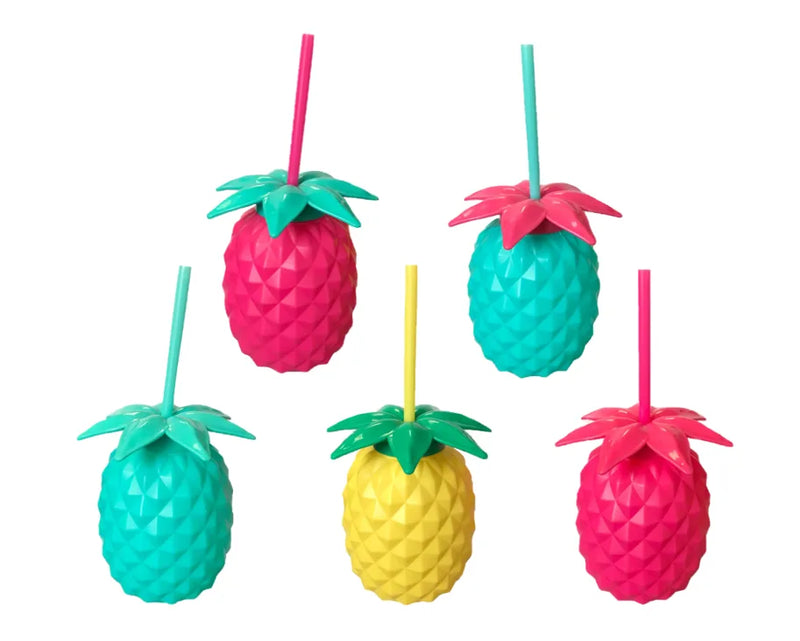 Plastic Pineapple Shaped Cocktail Drinking Glass Cup With Lid And Straw Assorted Colours