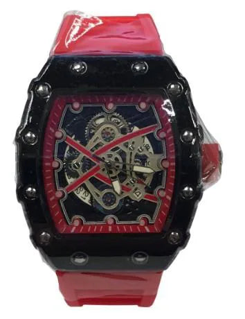 New Rubber Gents Black Screw Fashion Quartz Movement Dated Skeleton Clear Dial Red Rubber Strap Watch