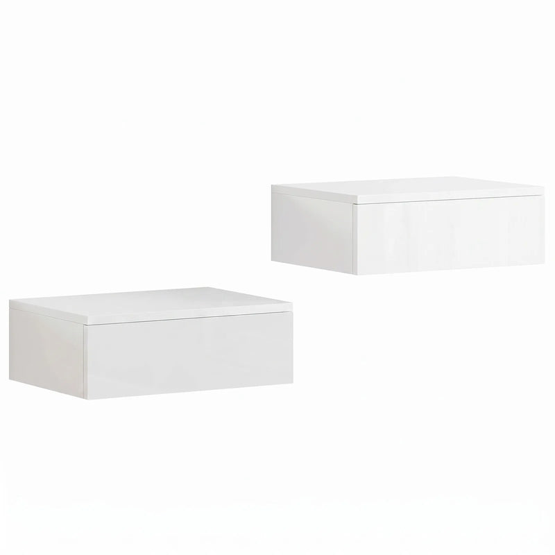 HOMCOM Floating Bedside Table Set of 2, Wall-Mounted Nightstand with High Gloss Finish & Storage Drawer, White