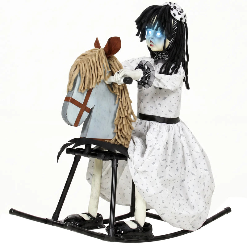 HOMCOM Animated Halloween Girl Riding Horse, Halloween Animatronics with Creepy Rhymes, Glowing Eyes, Sound/Touch Activated