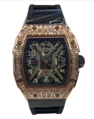 New Rubber Gents Rose Bling Fashion Quartz Movement Skeleton Clear Dial Black Rubber Strap Watch