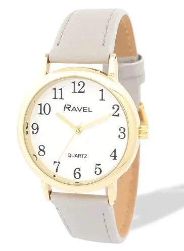 Ravel Ladies Basic Medium Gilt Case White Dial Grey Leather Strap Watch