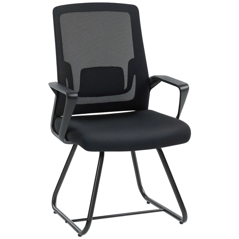 HOMCOM Desk Chair No Wheels, Office Chair with Mesh Back, Lumbar Support, Metal Base for Waiting Room, Conference Room, Black