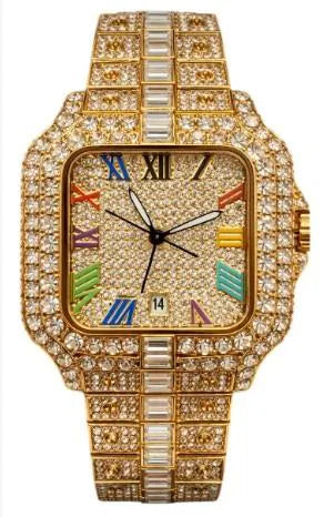 NY London Mens Fashion Bling Assorted Watch Dated Square Gold Dial Gold Bracelet Watch