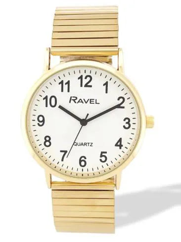 Ravel Mens Basic Everyday White Dial Golden Stainless Steel Expander Bracelet Watch