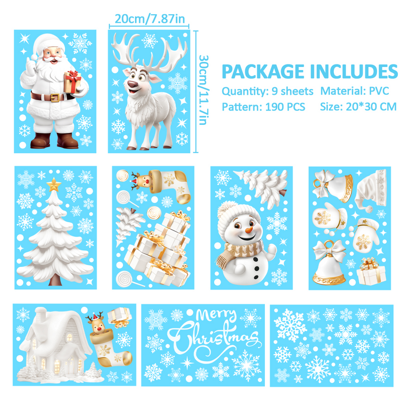 Nepfaivy Christmas Window Stickers Reusable 190Pcs - Double Sided Xmas Window Stickers Christmas Scene, White Christmas Snowflake Reindeer Stickers, Static Window Clings for Christmas Decorations