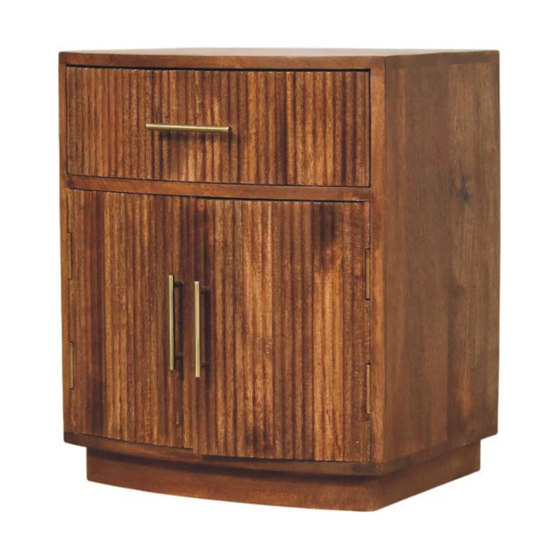 Artisan Furniture Solid Wood Solid Wood Curved Ribbed Bedside, 1 Drawer And 2 Shelfs, Brown