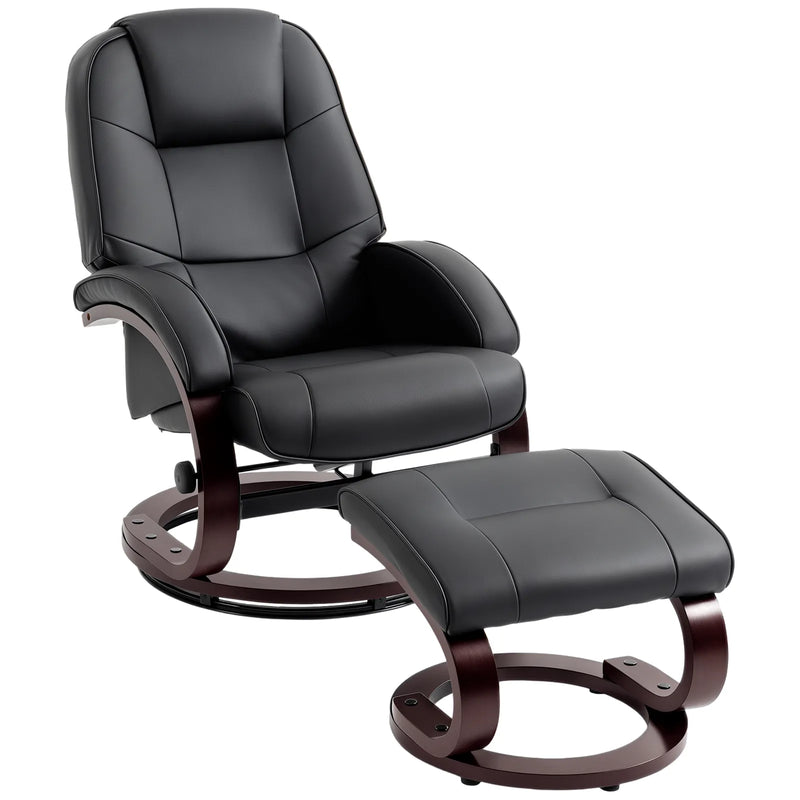 HOMCOM Swivel Recliner Chair with Footstool, PU Leather Recliner Armchair with Adjustable Back and Wood Frame, Black