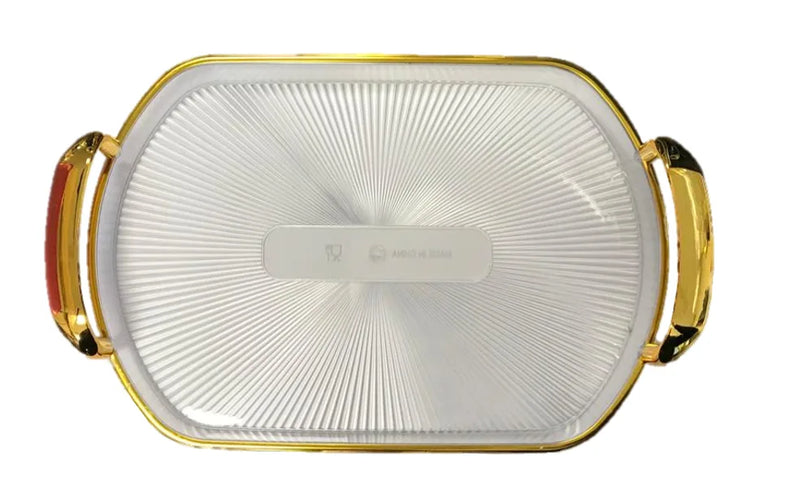 Oval Transparent Plastic Serving Tray With Gold Rim And Handles