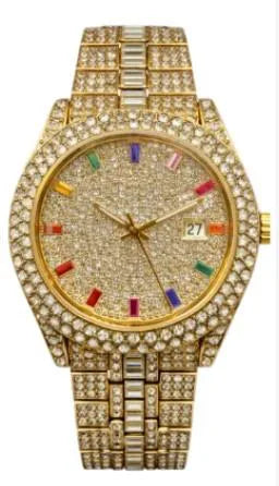NY London Mens Fashion Bling Assorted Watch Dated Round Gold Dial Gold Bracelet Watch