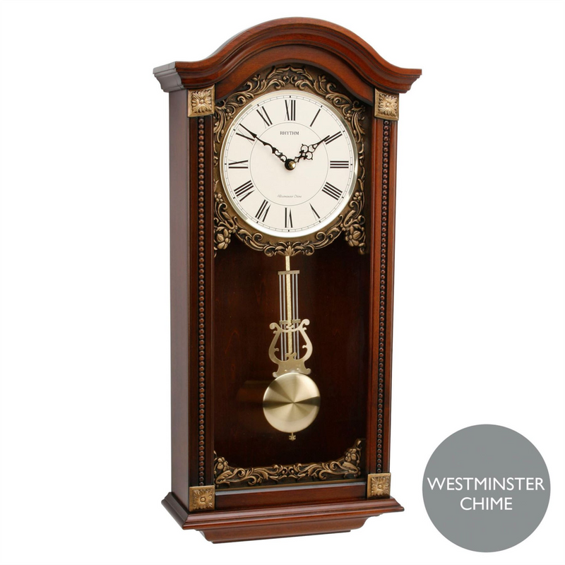 Rhythm Wood Pend Wall Clk Qtz West Chime/Strike Arched Top