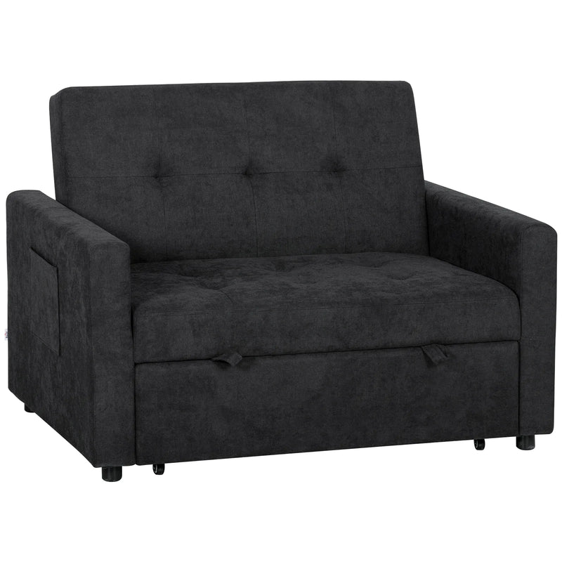 HOMCOM Loveseat Sofa Bed, Convertible Bed Settee with 2 Pillows, Side Pockets, Black