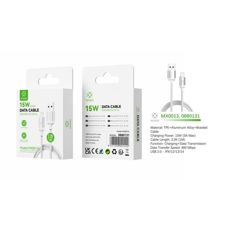 Woox MX0013 USB to Lightning Braided Data Cable, 15W, 3.3ft 1m, White