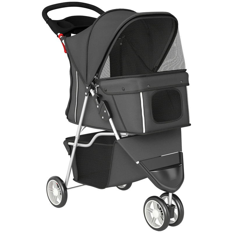 PawHut Dog Stroller, 3 Wheels Foldable Pet Stroller with Adjustable Canopy, Storage Basket for Small Mini Breeds, Dark Grey