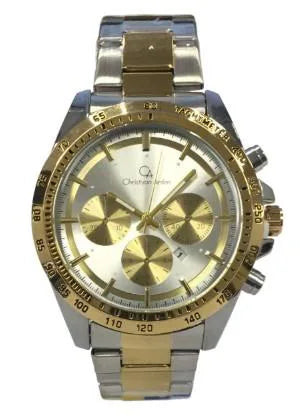 Christyan Arden Mens New FK Fashion Dated Multi Eye White Dial Analogue 2 Tone Metal Bracelet Strap Watch