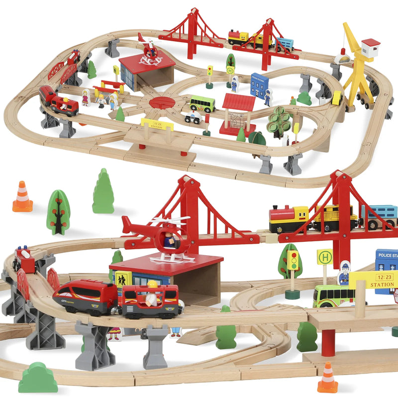 AIYAPLAY 133-Piece Wooden Train Set, Toy Train with Crane, Storage Box, for Kids Ages 3