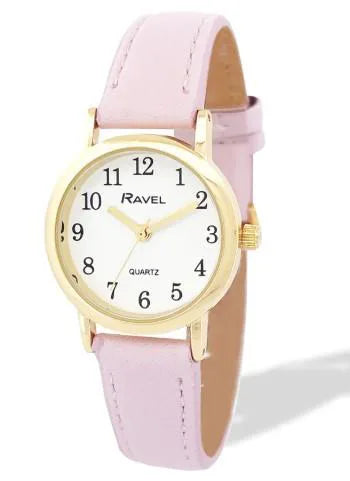 Ravel Ladies Basic Small Gilt Case White Dial Pink Leather Strap Watch