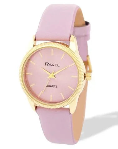 Ravel Ladies Fashion Round Golden Textured Case Dial with Purple Leather Strap Watch