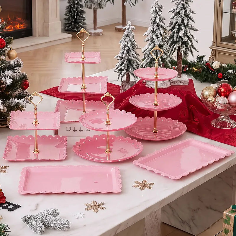 6pcs Cake Stand Afternoon Tea Wedding Plates Party Embossed Tableware Holder-Pink