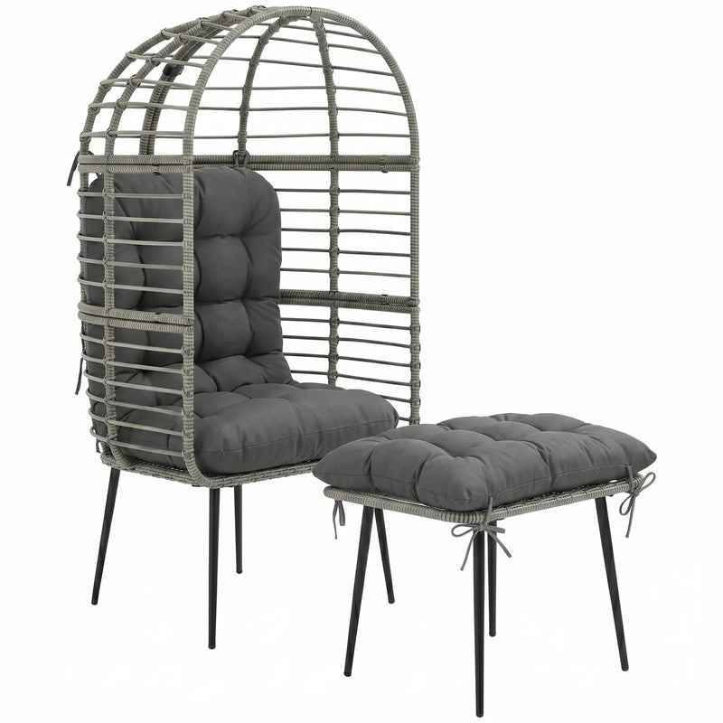Outsunny Garden Egg Chair with Footstool, Rattan Indoor Outdoor Lounge Chair and Ottoman Set with Thick Cushions, Light Grey
