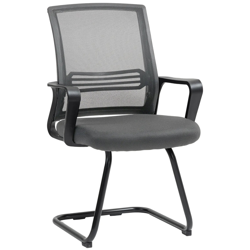 HOMCOM Padded Meeting Office Chair, Ergonomic Desk Chair No Wheels with Sled Base for Bedroom, Waiting, Reception, Dark Grey