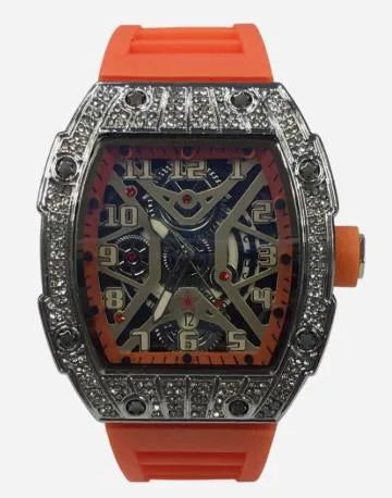 New Rubber Gents Silver Bling Fashion Quartz Movement Skeleton Clear Dial Orange Rubber Strap Watch