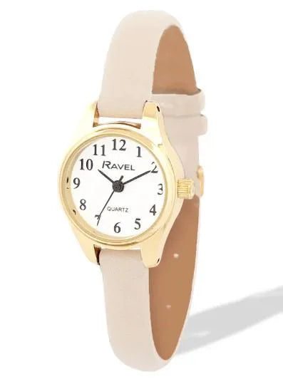 Ravel Ladies Round Petite Gilt Case Clear Numeral with Beige Leather Strap Watch