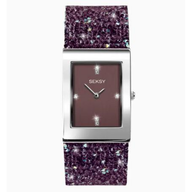 Sekonda Seksy Ladies Bling Rectangular Purple Dial & Purple stone Stainless Steel Bracelet Strap Watch