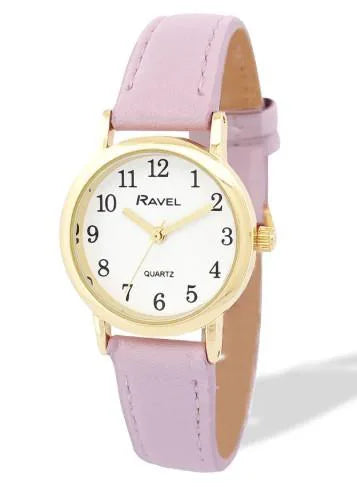 Ravel Ladies Basic Small Gilt Case White Dial Purple Leather Strap Watch