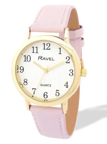 Ravel Ladies Basic Medium Gilt Case White Dial Pink Leather Strap Watch