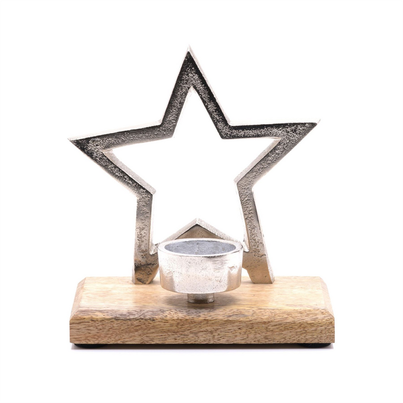 Metal Star & Wood Tea Light Holder 17cm