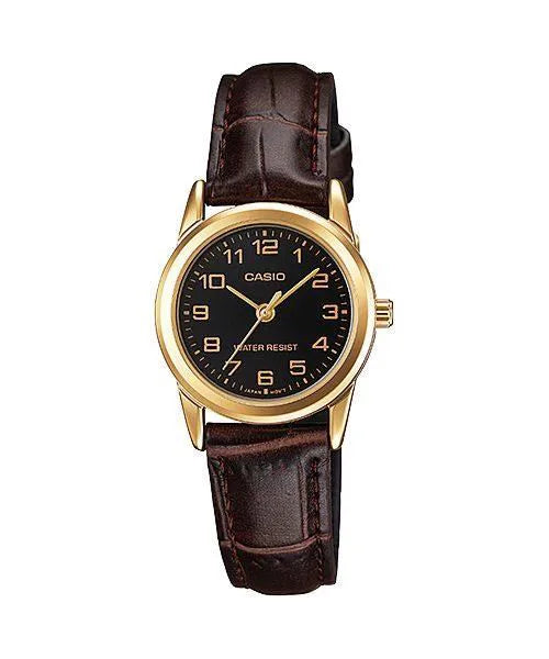 Casio Ladies Analogue Black Dial Gold Case Brown Leather Strap Watch - LTP-V001GL-1BUDF