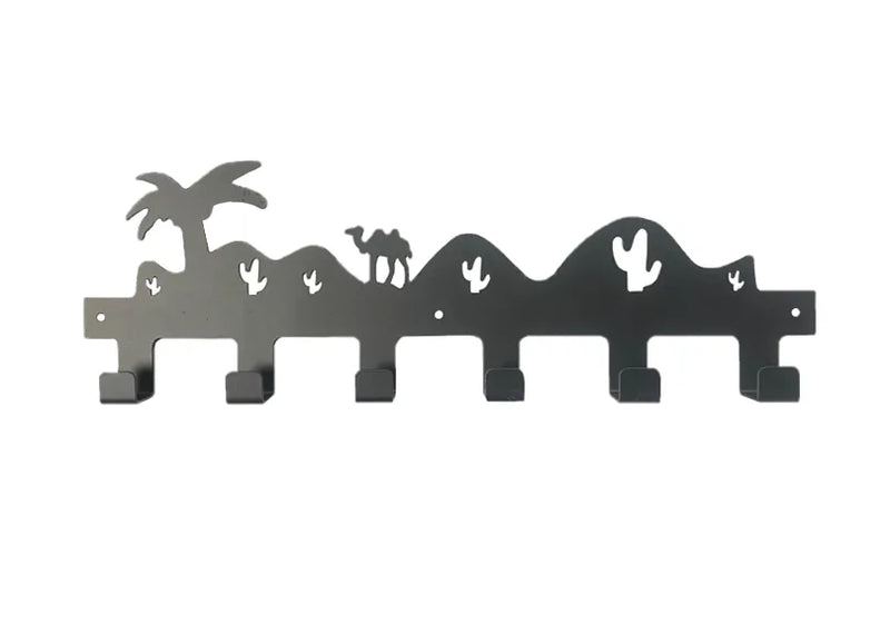 Metal Coat 6 Hook Hanger Rack With Camel Desert Silhouette Design Black