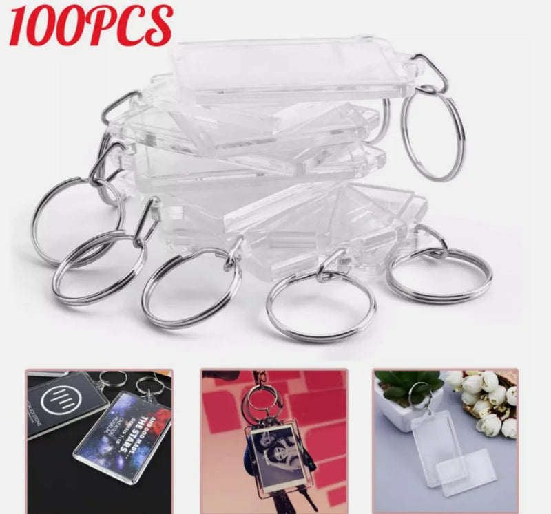 NEW 100pcs Blank Keyring Acrylic Plastic Passport Photo Key Rings Craft Picture UK